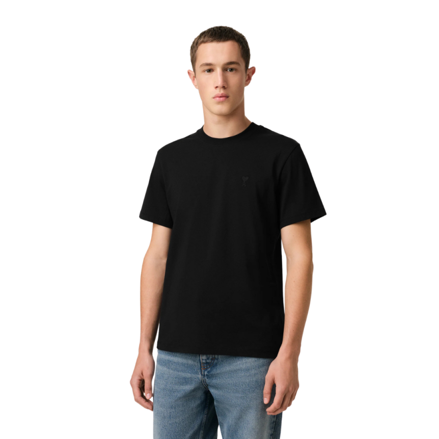 T-shirt AMI Paris col rond jersey coton noir cœur ton sur ton