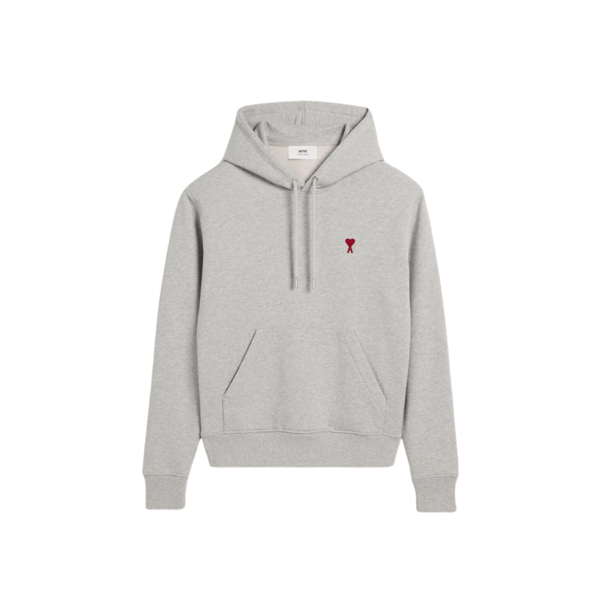 Sweat-shirt à capuche AMI Paris coton gris chiné Cœur rouge