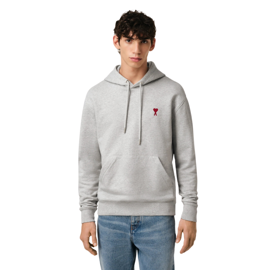 Sweat-shirt à capuche AMI Paris coton gris chiné Cœur rouge