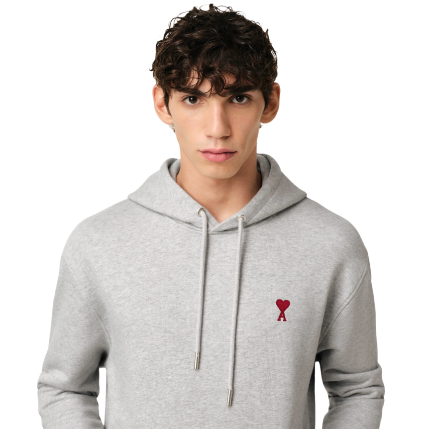 Sweat-shirt à capuche AMI Paris coton gris chiné Cœur rouge