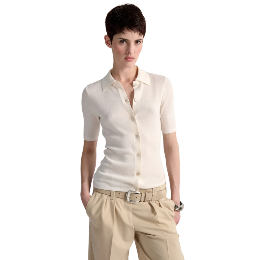 Cardigan manche courte BARBARA BUI col polo maille laine soie ivoire