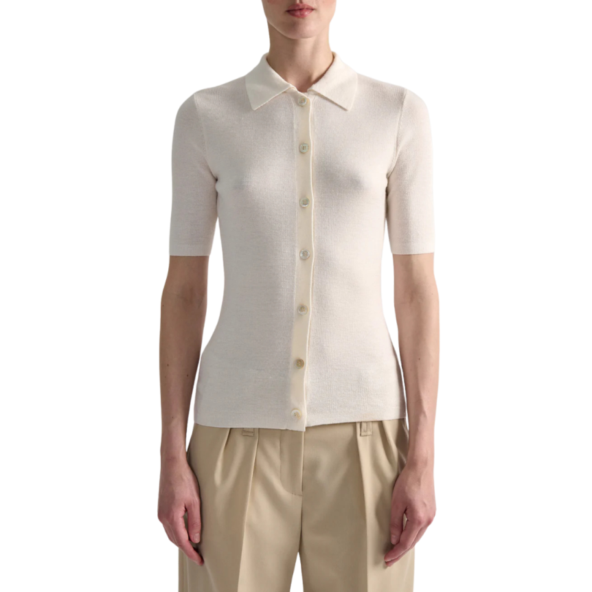 Cardigan manche courte BARBARA BUI col polo maille laine soie ivoire