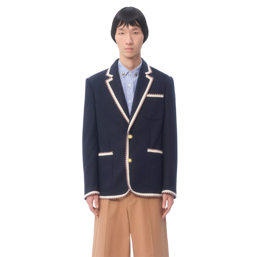 Veste droite VALENTINO jersey coton bleu marine passepoil cordon boutons dorés