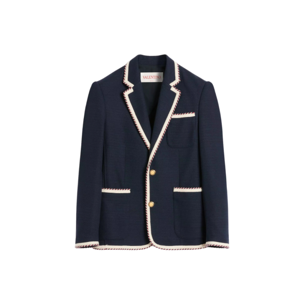 Veste droite VALENTINO jersey coton bleu marine passepoil cordon boutons dorés