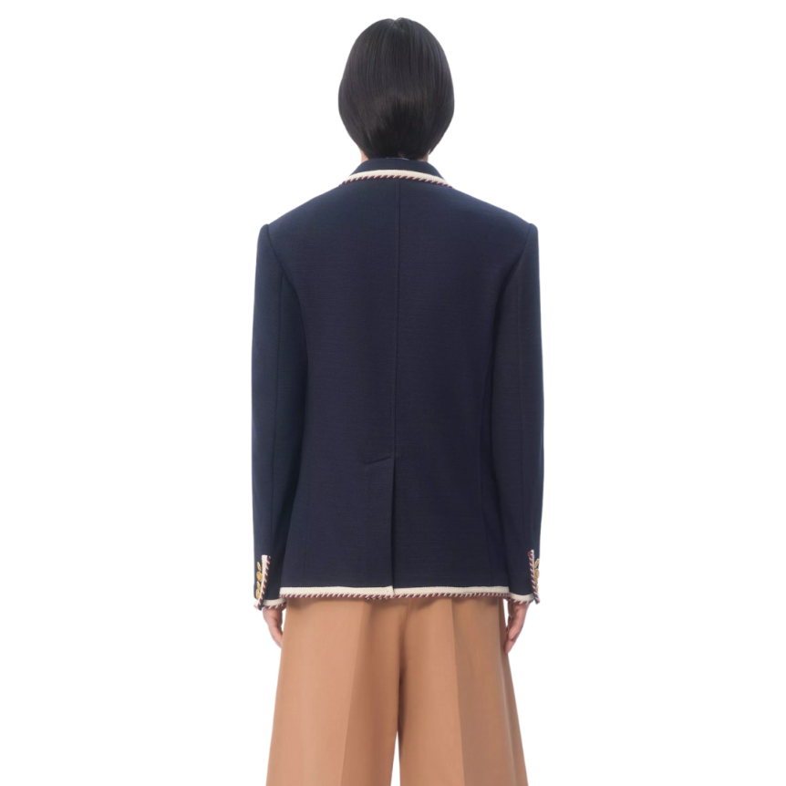 Veste droite VALENTINO jersey coton bleu marine passepoil cordon boutons dorés