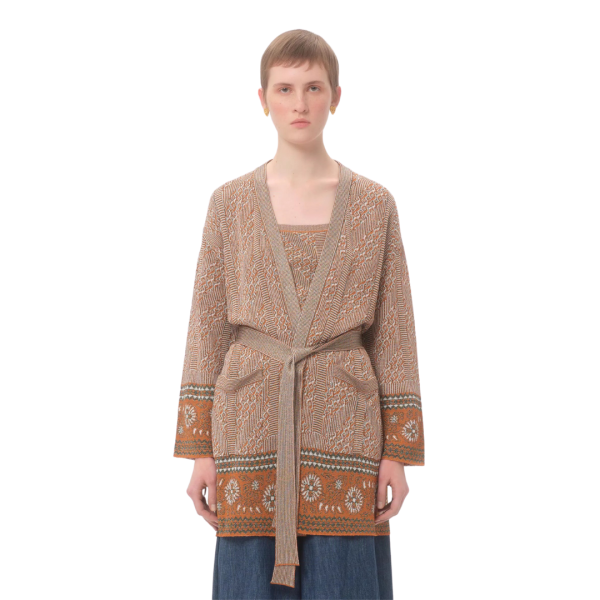 VALENTINO cardigan viscose coton motif jacquard lurex beige ceinture à nouer poches plaquées