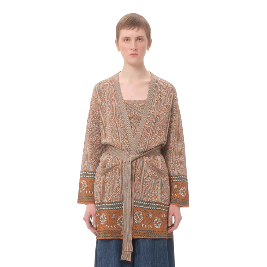 VALENTINO cardigan viscose coton motif jacquard lurex beige ceinture à nouer poches plaquées