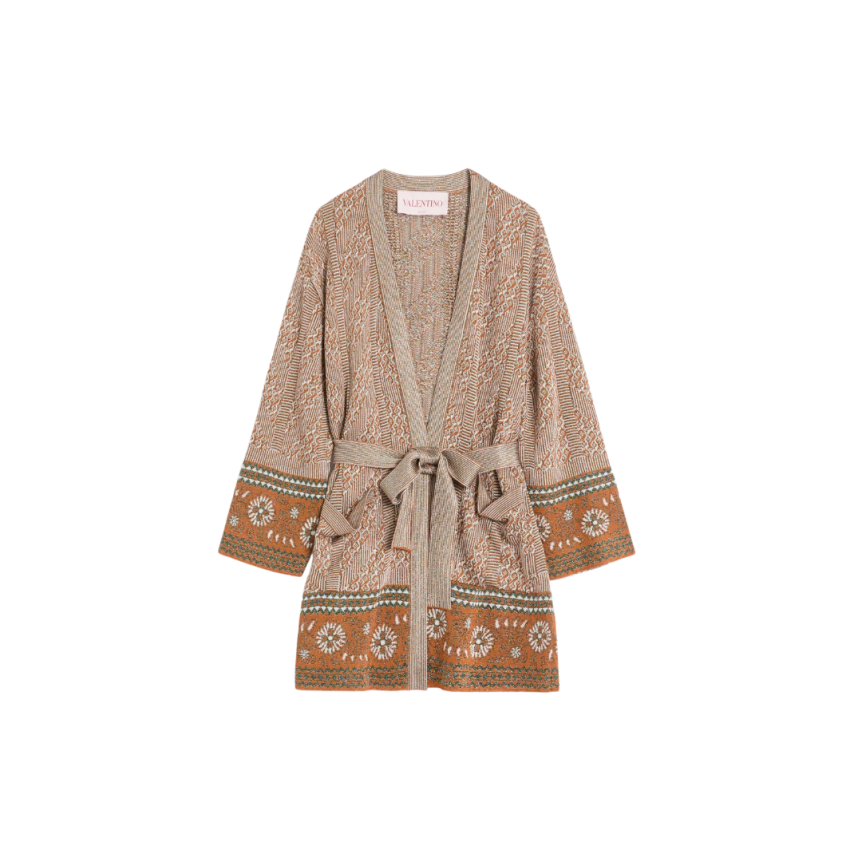 VALENTINO cardigan viscose coton motif jacquard lurex beige ceinture à nouer poches plaquées