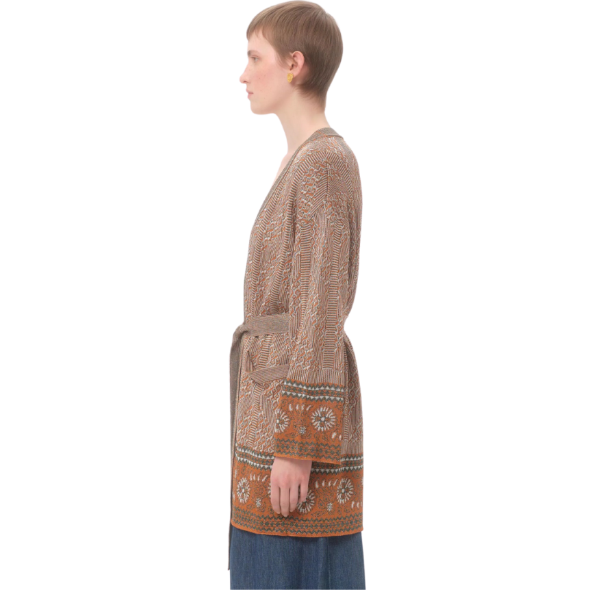 VALENTINO cardigan viscose coton motif jacquard lurex beige ceinture à nouer poches plaquées