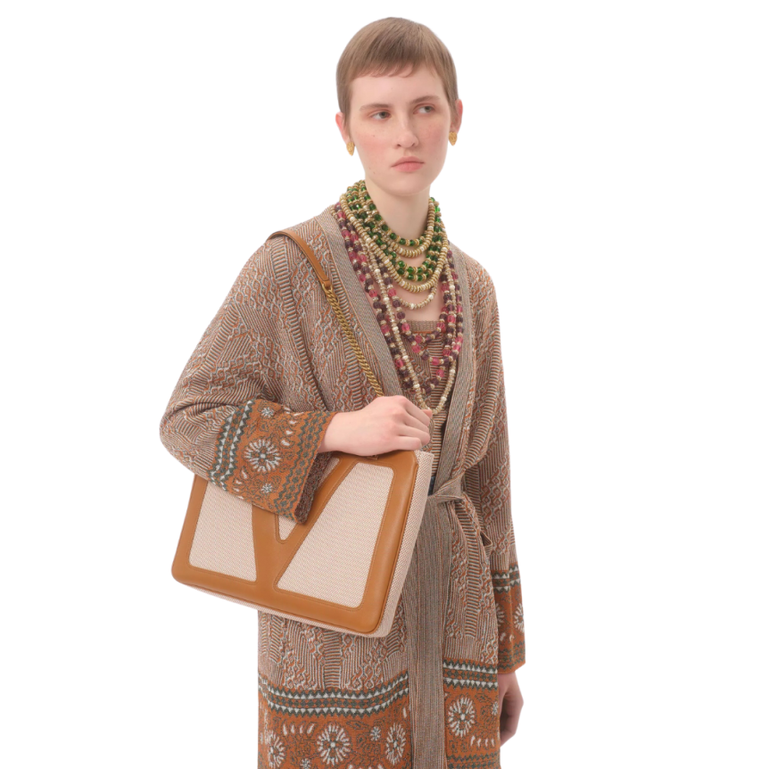 VALENTINO cardigan viscose coton motif jacquard lurex beige ceinture à nouer poches plaquées