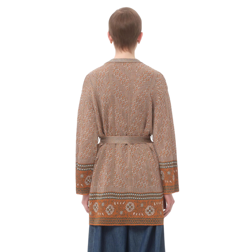 VALENTINO cardigan viscose coton motif jacquard lurex beige ceinture à nouer poches plaquées