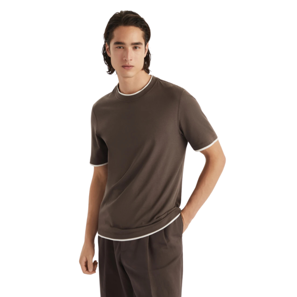 T-shirt ras du cou BRUNELLO CUCINELLI jersey coton marron bord écru