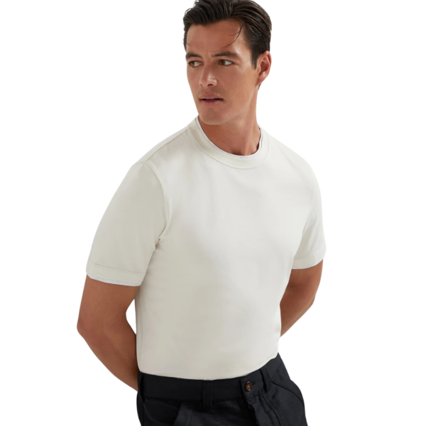 T-shirt ras du cou BRUNELLO CUCINELLI jersey coton ecru bord gris
