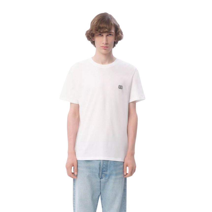 T-shirt col rond VALENTINO manche courte coton écru patch VLogo
