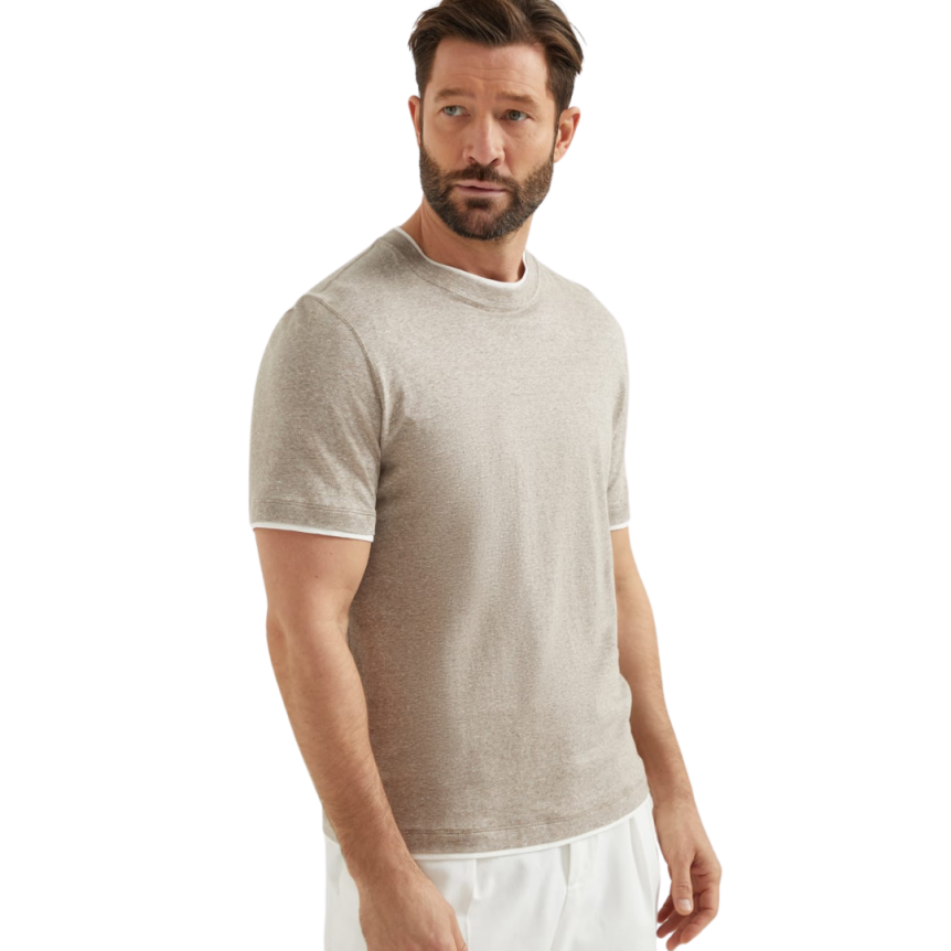 T-shirt col rond BRUNELLO CUCINELLI lin coton beige ganse écru