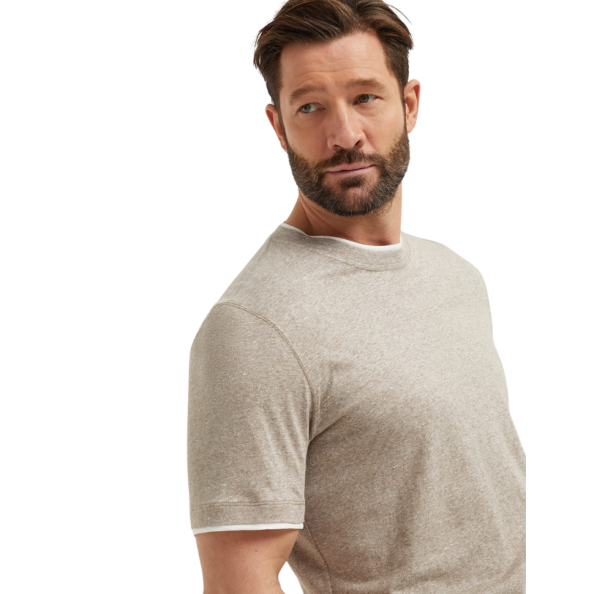 T-shirt col rond BRUNELLO CUCINELLI lin coton beige ganse écru