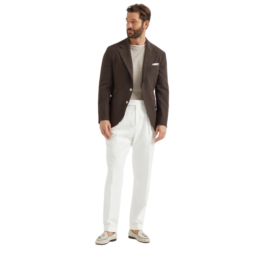 T-shirt col rond BRUNELLO CUCINELLI lin coton beige ganse écru