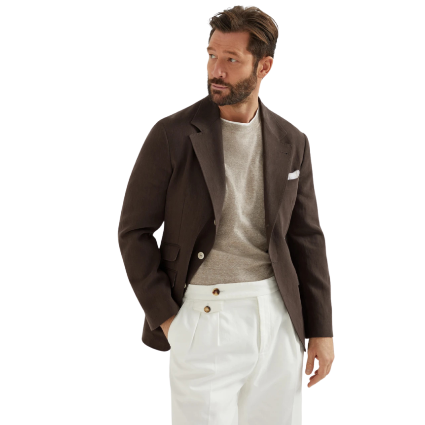 T-shirt col rond BRUNELLO CUCINELLI lin coton beige ganse écru