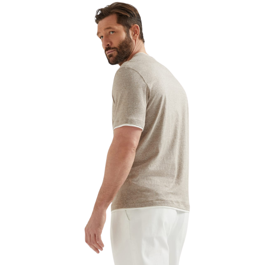 T-shirt col rond BRUNELLO CUCINELLI lin coton beige ganse écru