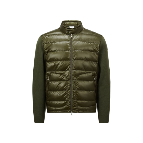 MONCLER cardigan zippé bi matière laine vert kaki duvet matelasse