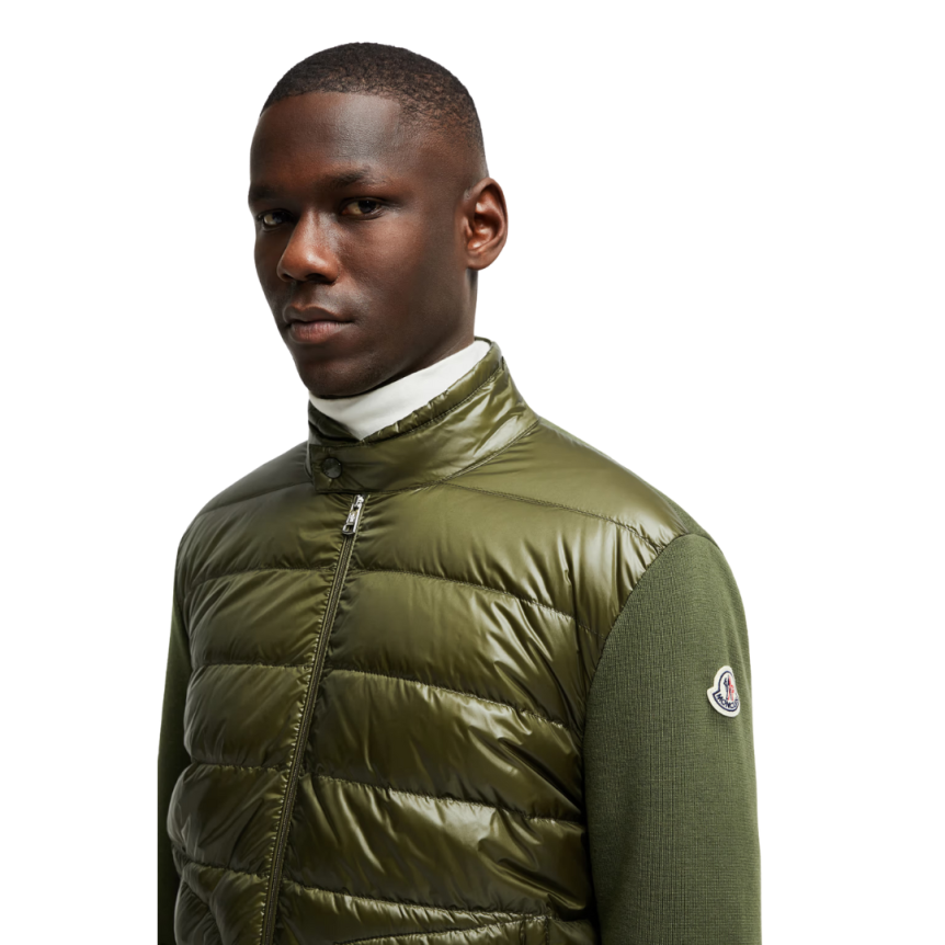 MONCLER cardigan zippé bi matière laine vert kaki duvet matelasse
