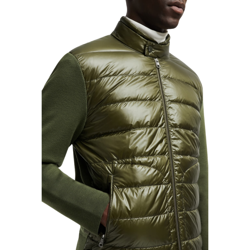 MONCLER cardigan zippé bi matière laine vert kaki duvet matelasse
