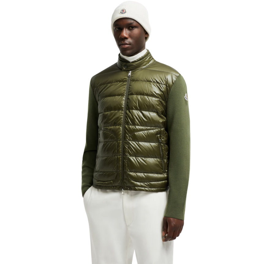 MONCLER cardigan zippé bi matière laine vert kaki duvet matelasse