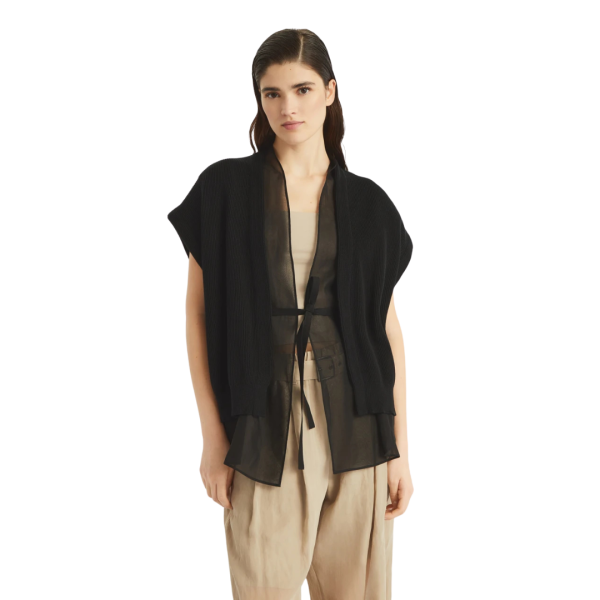 BRUNELLO CUCINELLI Cardigan coton Monile côtes anglaises noir effet superposition organza