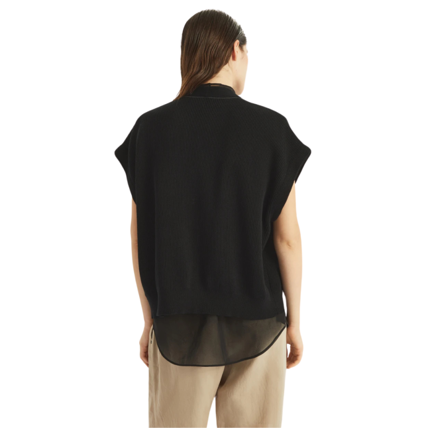 BRUNELLO CUCINELLI Cardigan coton Monile côtes anglaises noir effet superposition organza