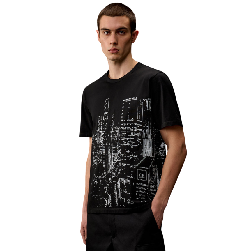 T-shirt CP COMAPNY col rond coton jersey noir imprimé City Metropolis Series