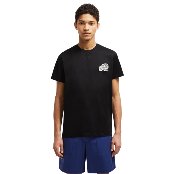 T-shirt col rond MONCLER coton noir double logo feutre