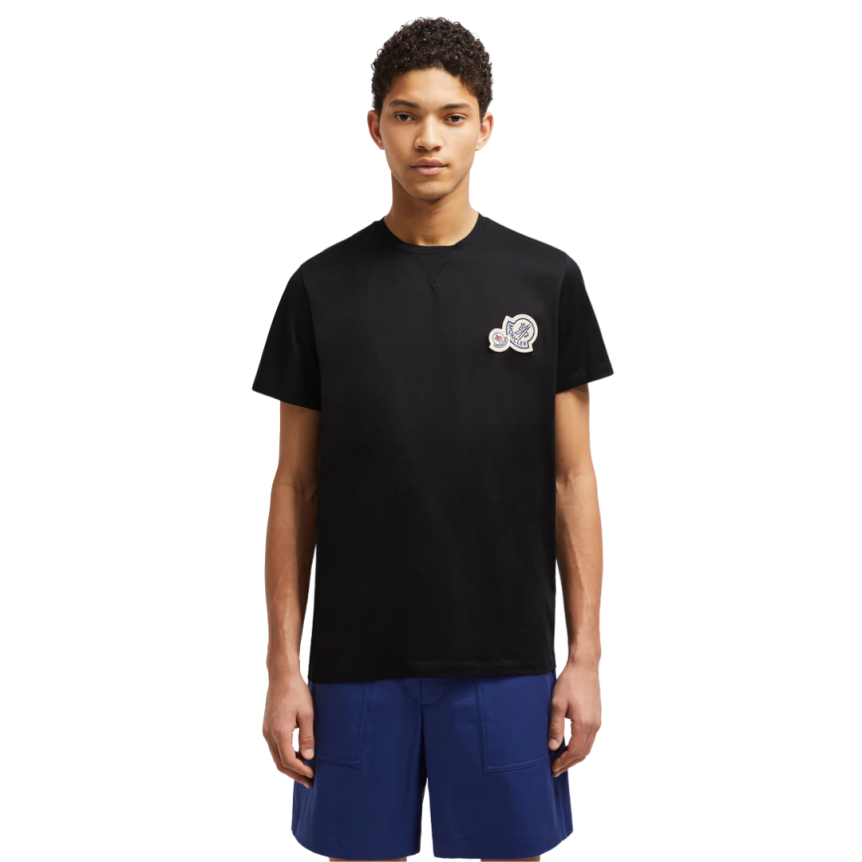 T-shirt col rond MONCLER coton noir double logo feutre