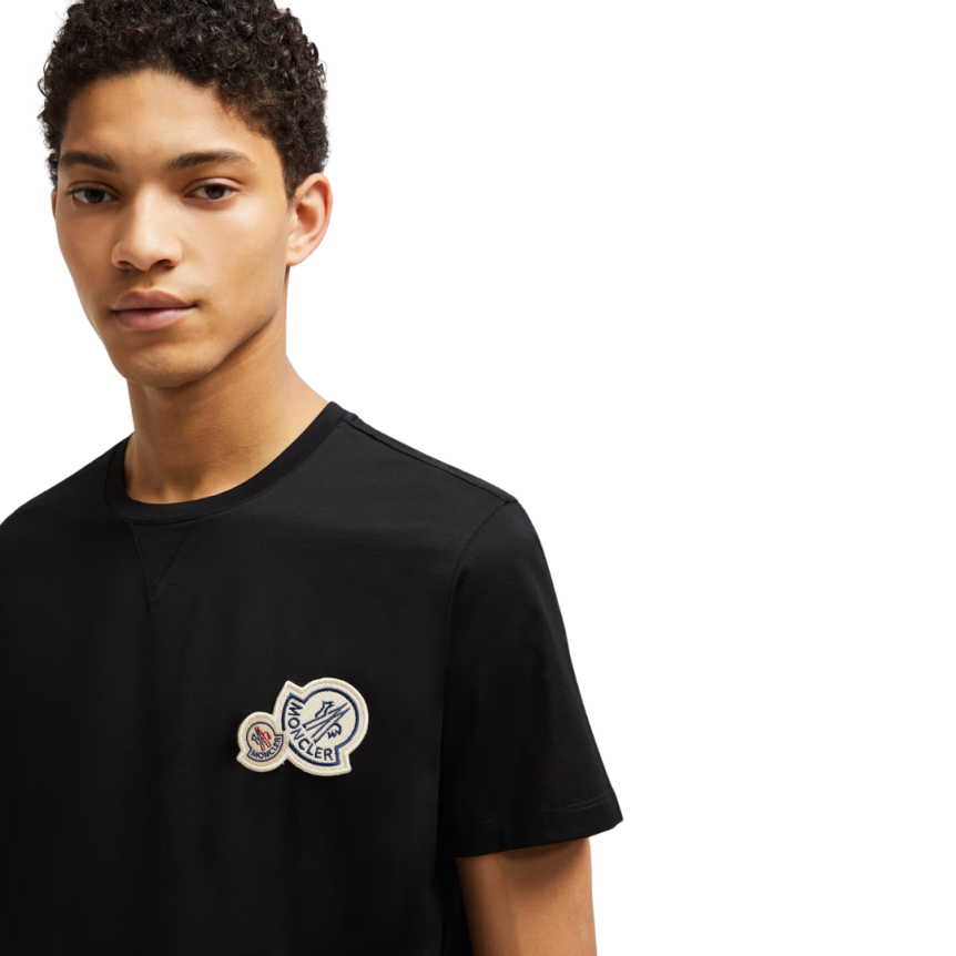 T-shirt col rond MONCLER coton noir double logo feutre