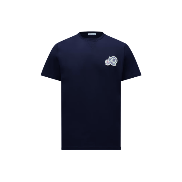 T-shirt col rond MONCLER coton bleu marine double logo feutre