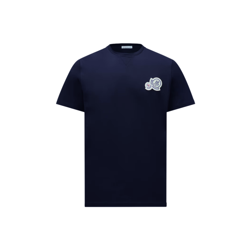 T-shirt col rond MONCLER coton bleu marine double logo feutre