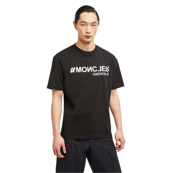 T-shirt MONCLER col rond coton noir logo Grenoble effet miroir