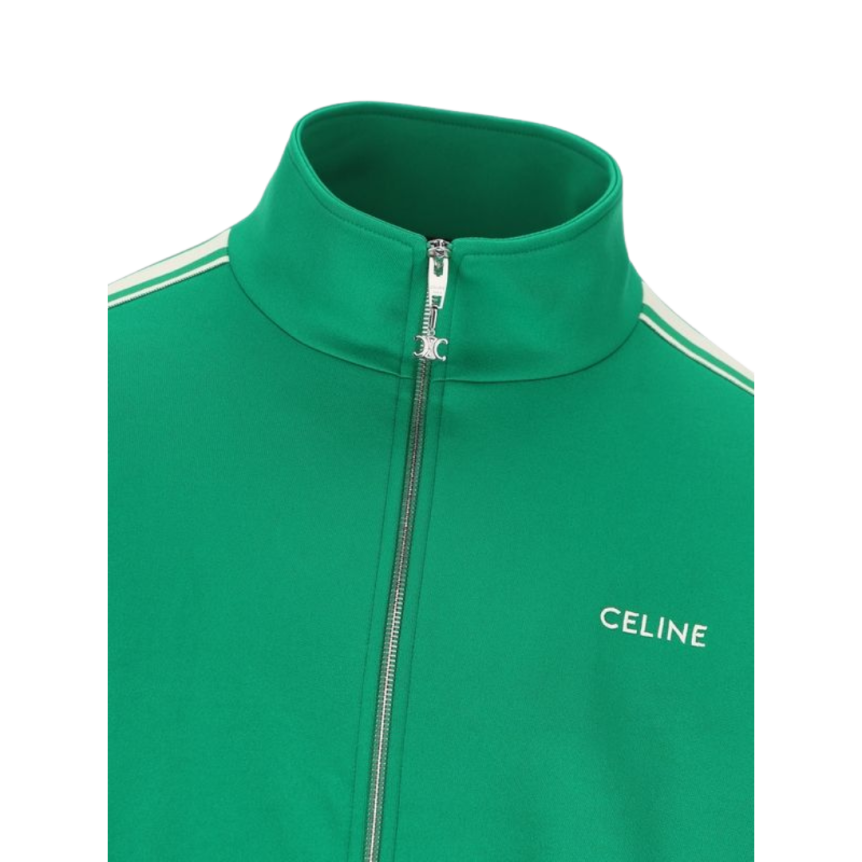 Blouson Veste zippée CELINE col montant polyester vert bande écru logo