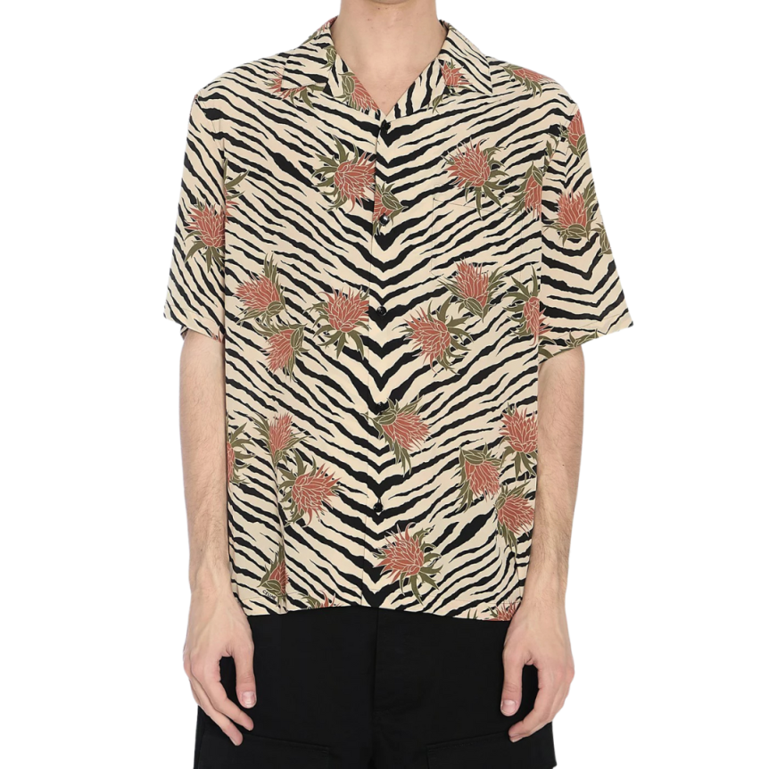 Chemise CELINE manche courte hawaïenne soie imprimé zèbre fleurs
