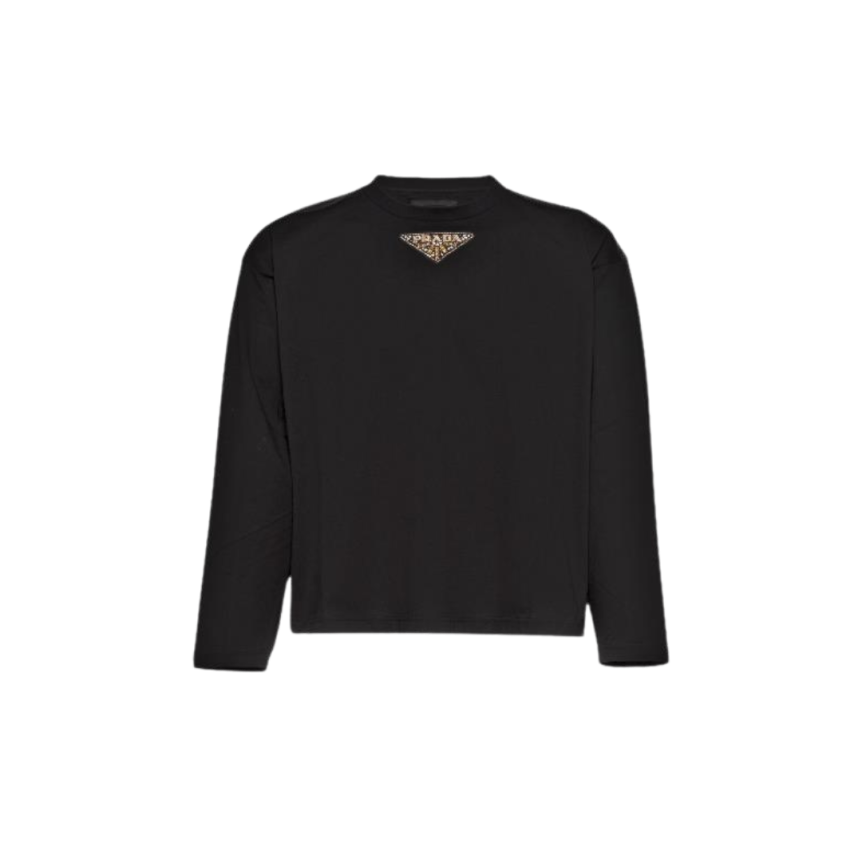 T-shirt col rond bi matière PRADA coton noir broderie logo triangle strass clous