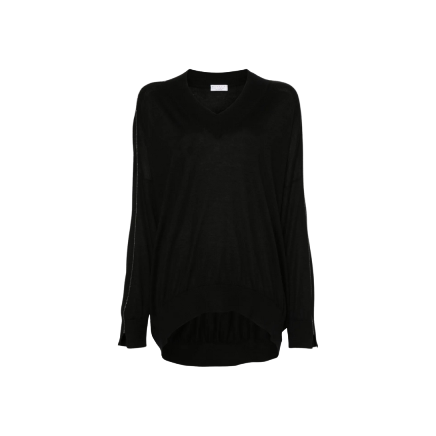 Pull en laine Noir Col V Gris paillettes Brunello Cucinelli