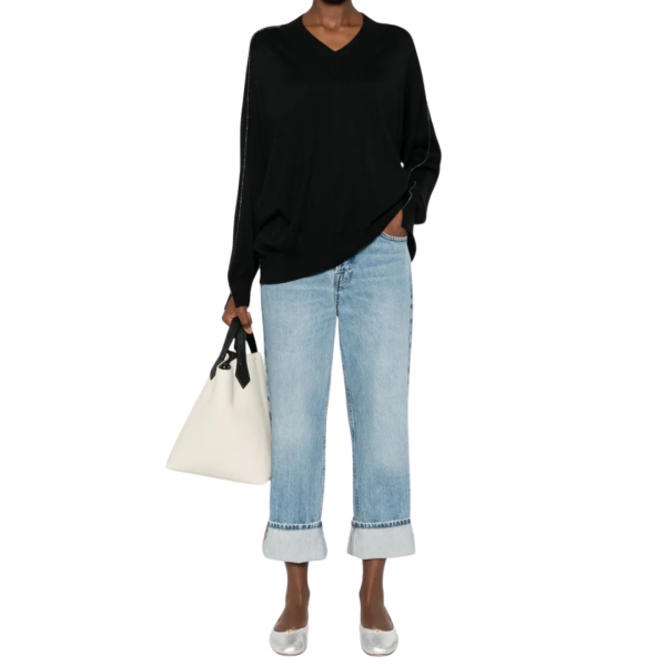 Pull en laine Noir Col V Gris paillettes Brunello Cucinelli