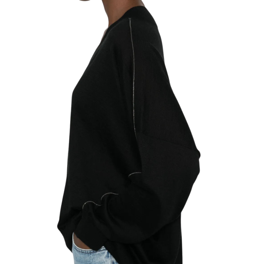 Pull en laine Noir Col V Gris paillettes Brunello Cucinelli