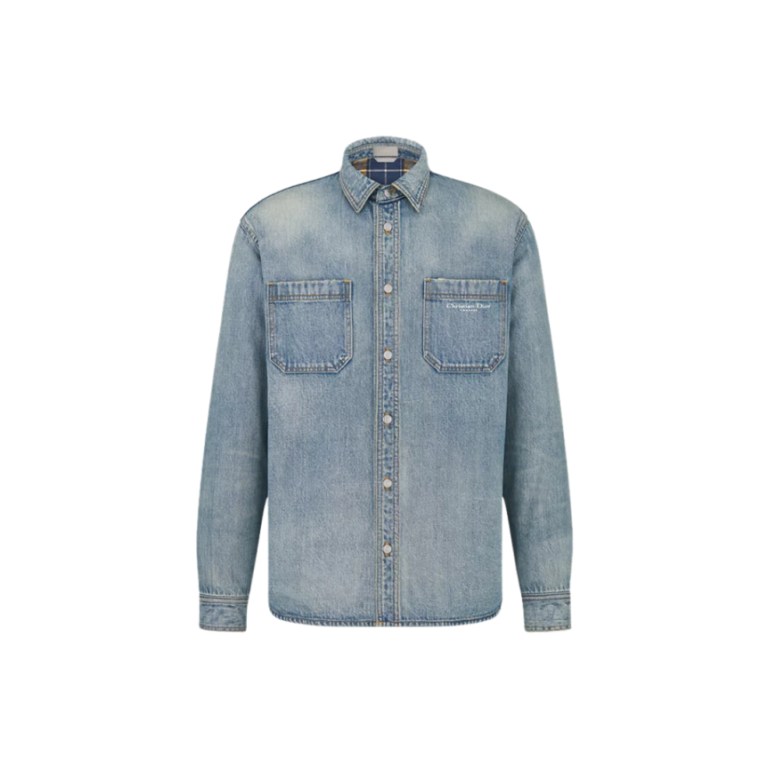 Chemise denim jean coton bleu doublé carreaux broderie Christian DIOR