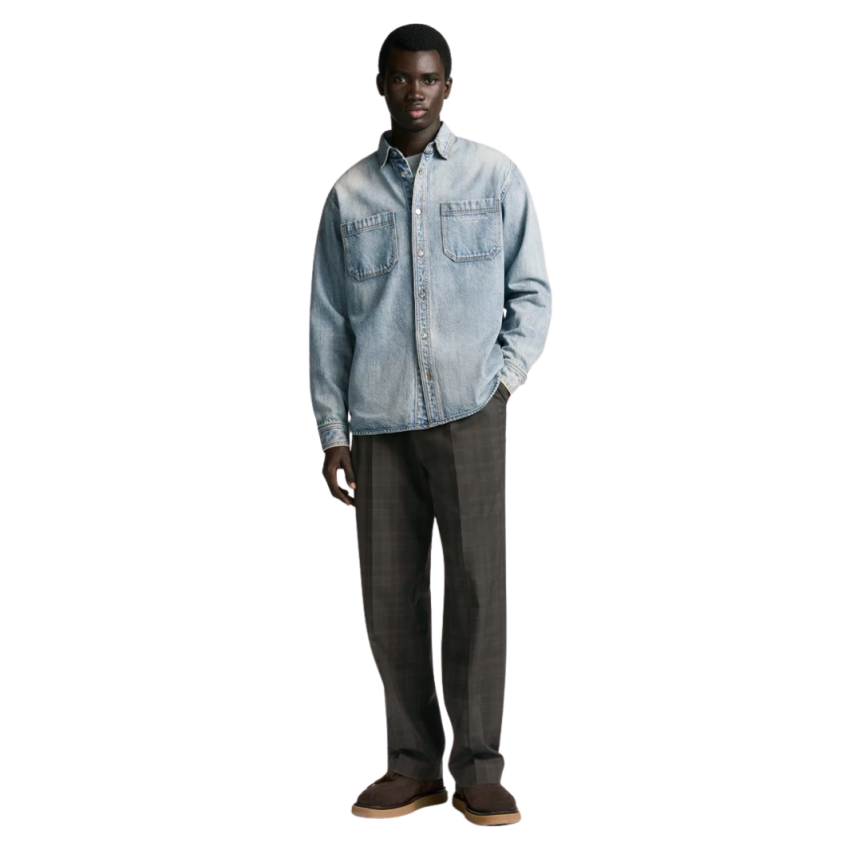 Chemise denim jean coton bleu doublé carreaux broderie Christian DIOR