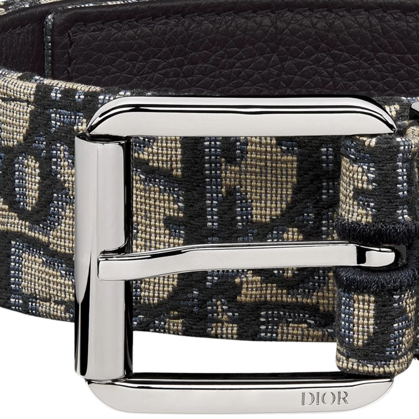 Ceinture DIOR toile jacquard Dior Oblique beige cuir veau grainé