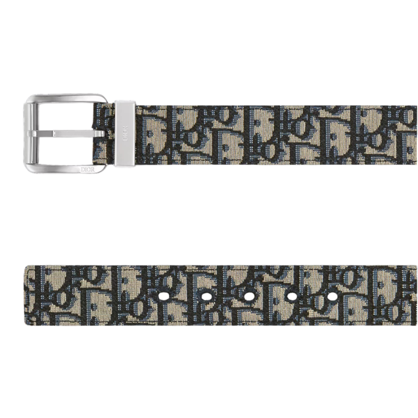 Ceinture DIOR toile jacquard Dior Oblique beige cuir veau grainé