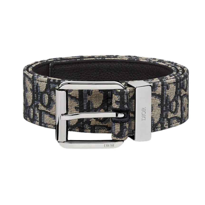 Ceinture DIOR toile jacquard Dior Oblique beige cuir veau grainé