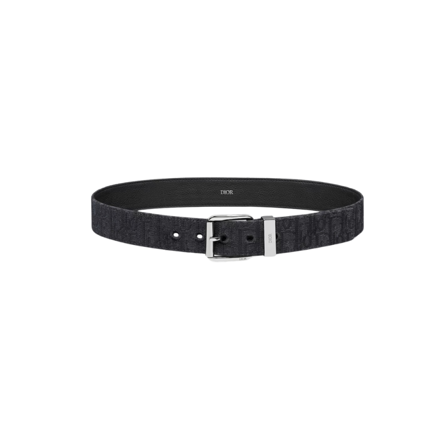 Ceinture toile jacquard Dior Oblique noir cuir veau grainé noir