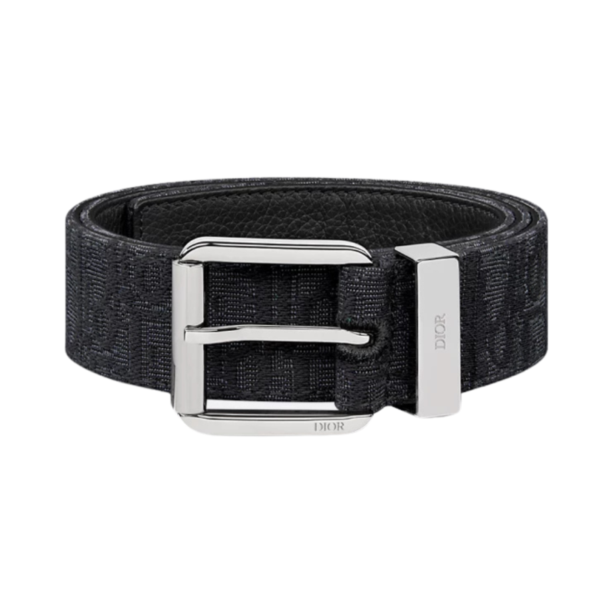 Ceinture toile jacquard Dior Oblique noir cuir veau grainé noir