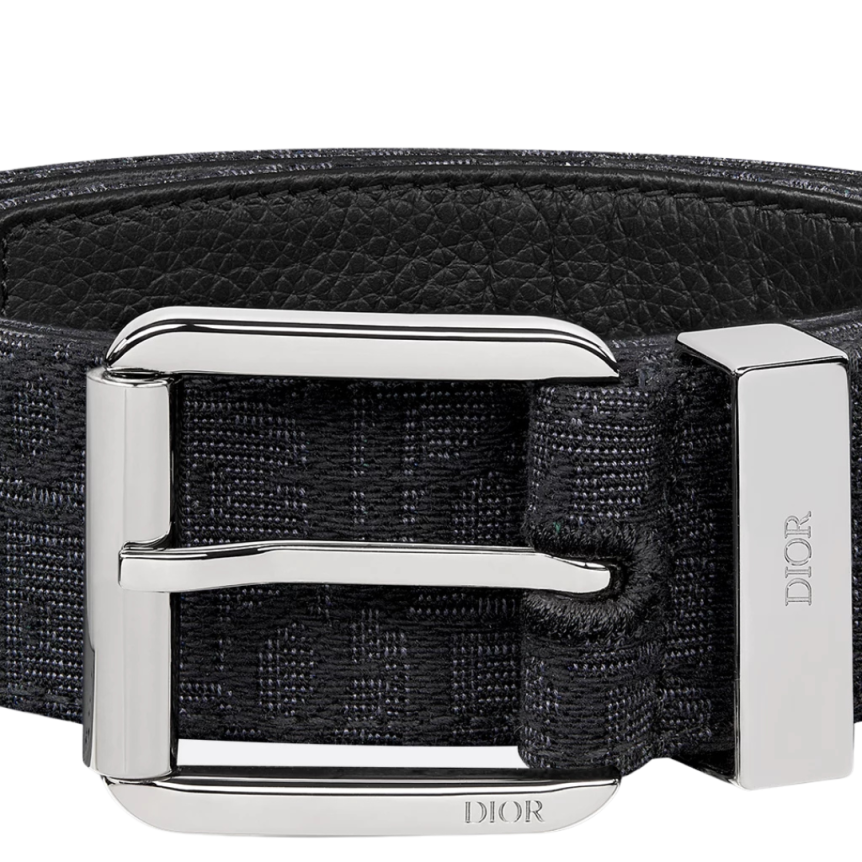 Ceinture toile jacquard Dior Oblique noir cuir veau grainé noir